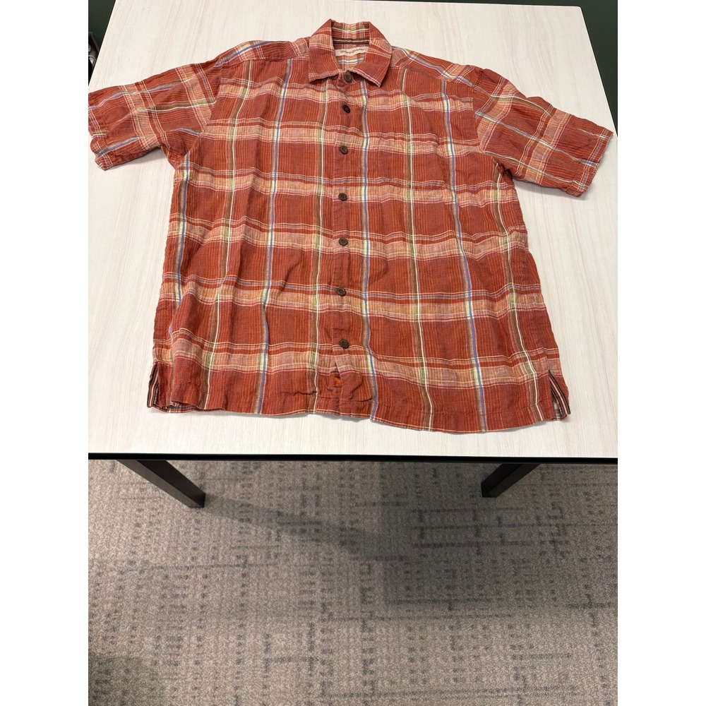 Tommy Bahama 100% Linen Plaid Short Sleeve Button Up Shirt Men's M Orange
